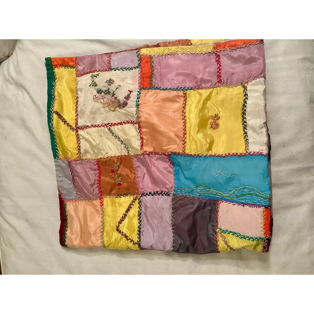 VINTAGE MIDCENTURY MODERN HANDMADE SATIN CRAZY QUILT THROW